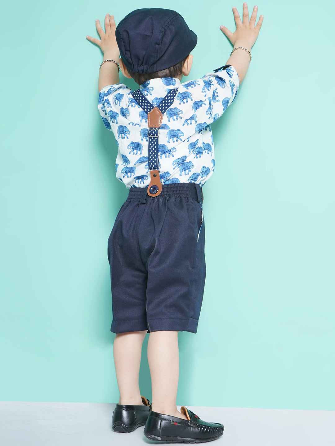 Boys Blue Animal Print Cotton Blend Shirt with Bow , Cap & Suspender - AJ Dezines