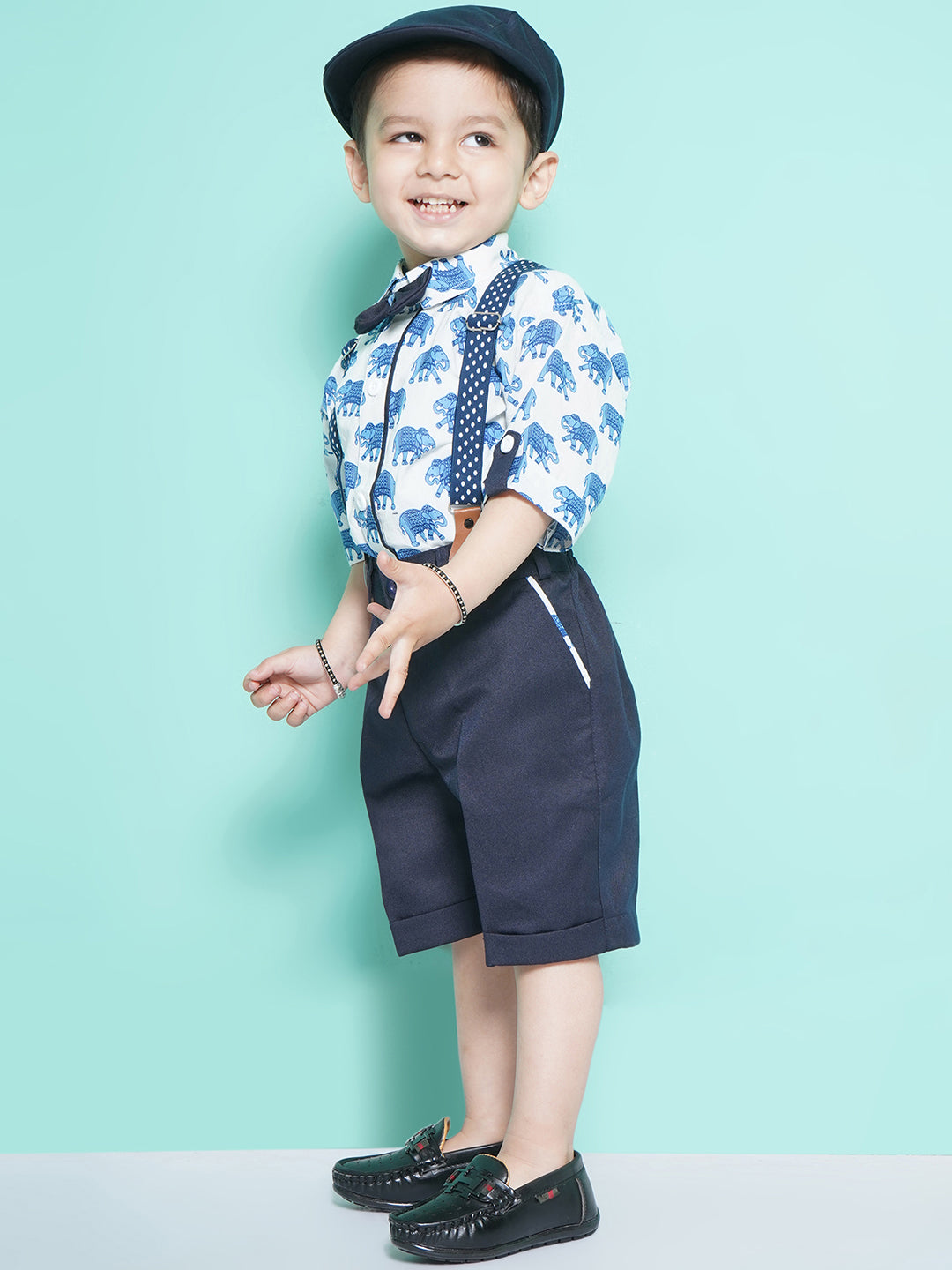 Boys Blue Animal Print Cotton Blend Shirt with Bow , Cap & Suspender - AJ Dezines