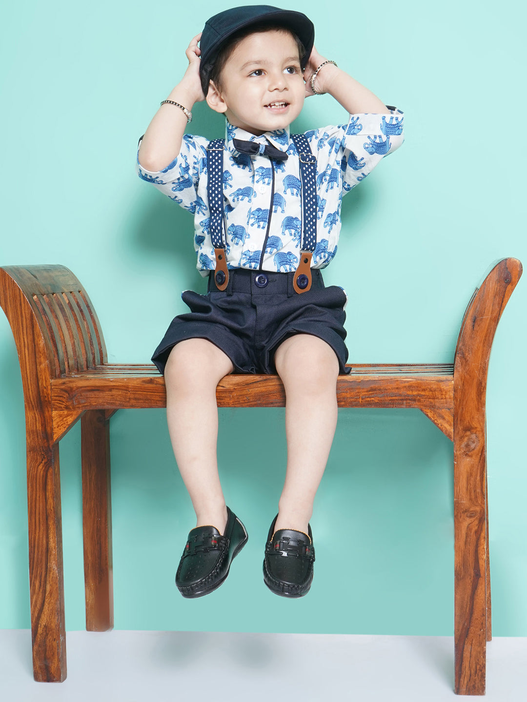 Boys Blue Animal Print Cotton Blend Shirt with Bow , Cap & Suspender - AJ Dezines