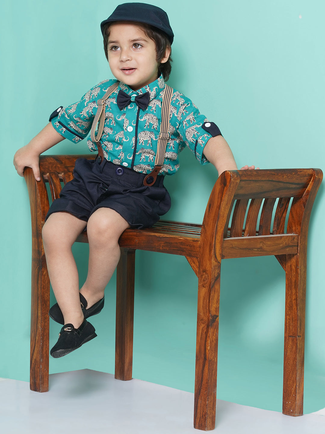 Kids Boys Firozi Animal Print Cotton Blend T-shirt with Cap , Bow & Suspender - AJ Dezines