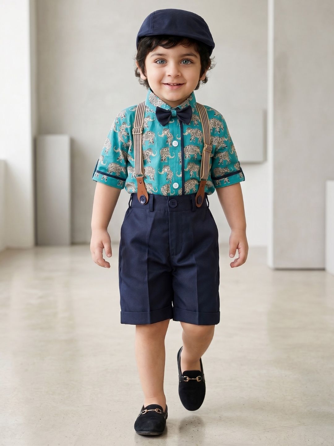 Kids Boys Firozi Animal Print Cotton Blend T-shirt with Cap , Bow & Suspender