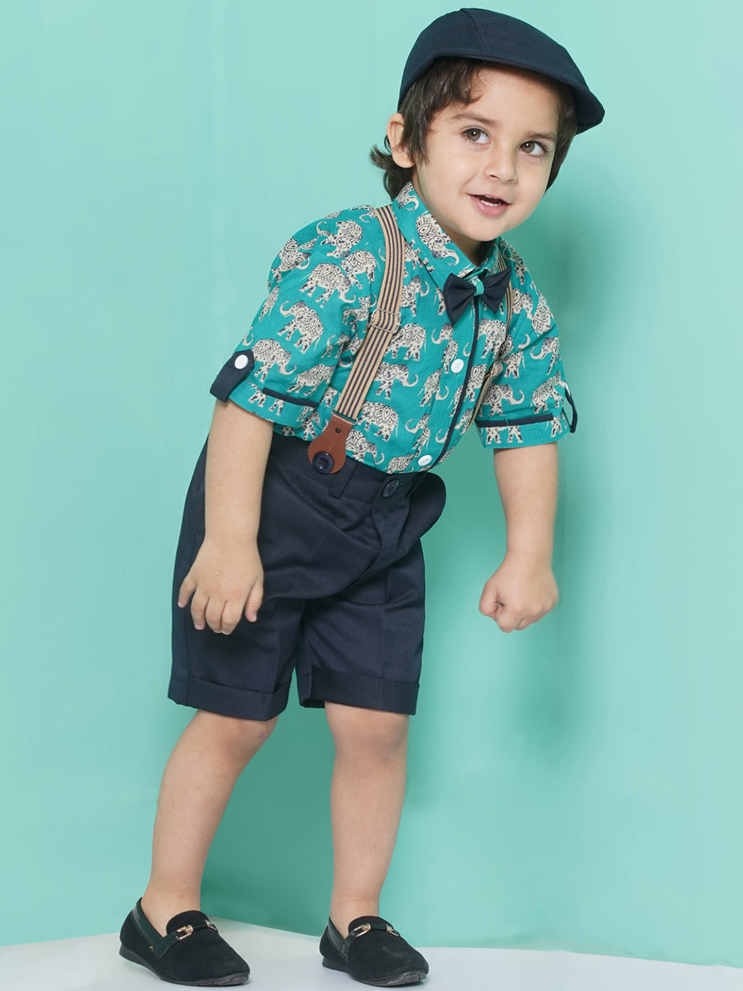 Kids Boys Firozi Animal Print Cotton Blend T-shirt with Cap , Bow & Suspender - AJ Dezines