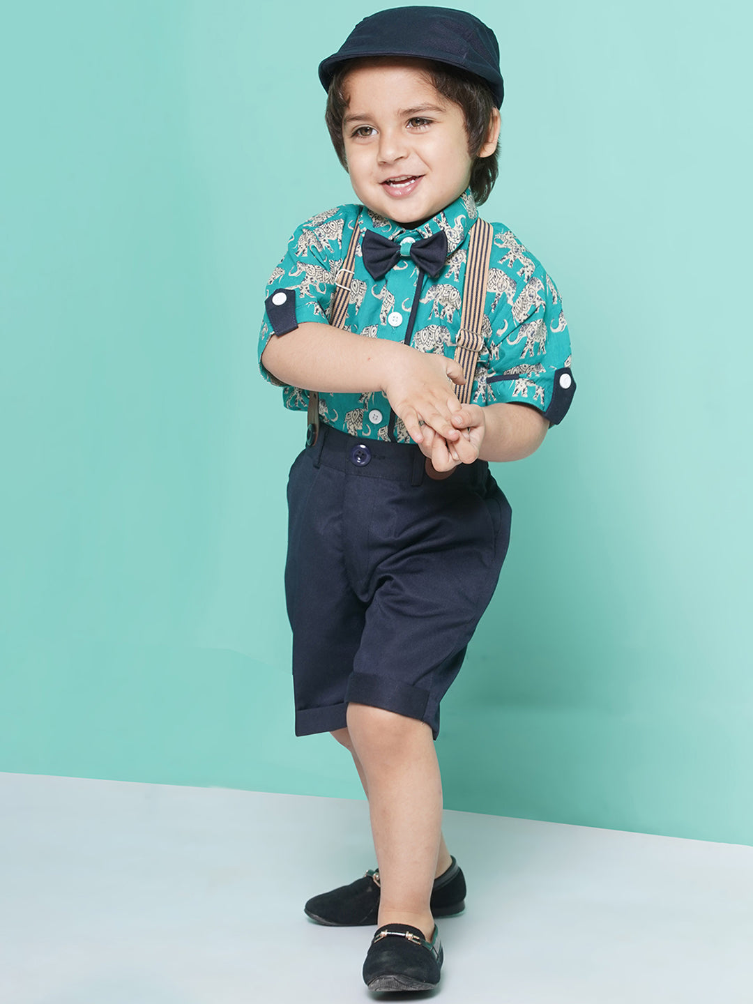 Kids Boys Firozi Animal Print Cotton Blend T-shirt with Cap , Bow & Suspender - AJ Dezines