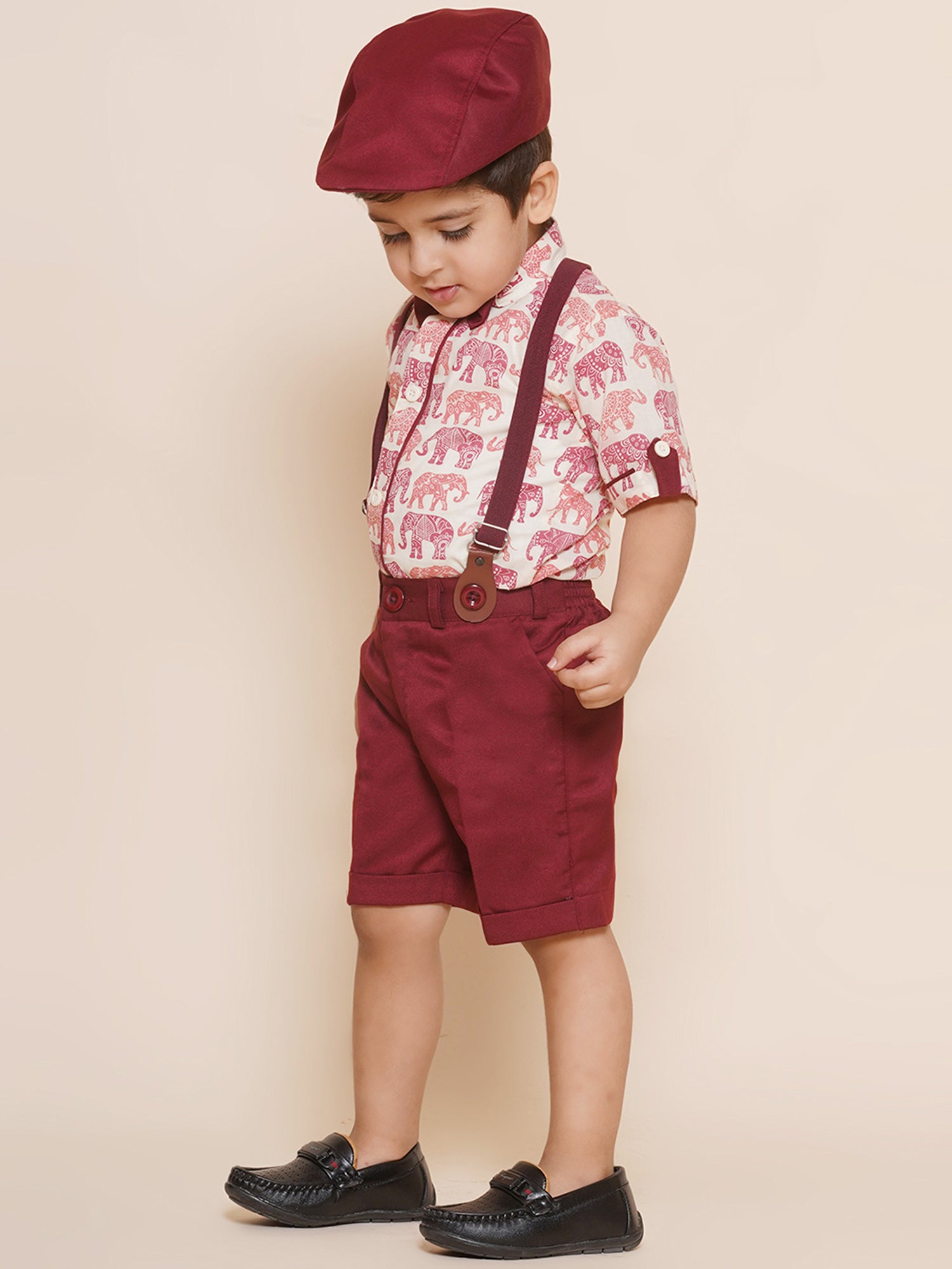 Kids Boys Maroon Animal Print Cotton Blend Dungaree - AJ Dezines