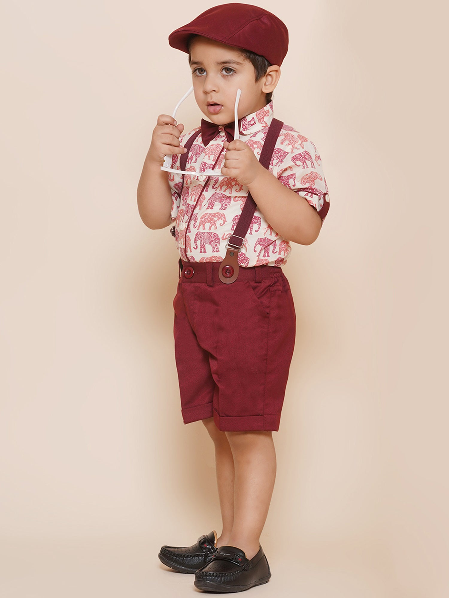 Kids Boys Maroon Animal Print Cotton Blend Dungaree - AJ Dezines