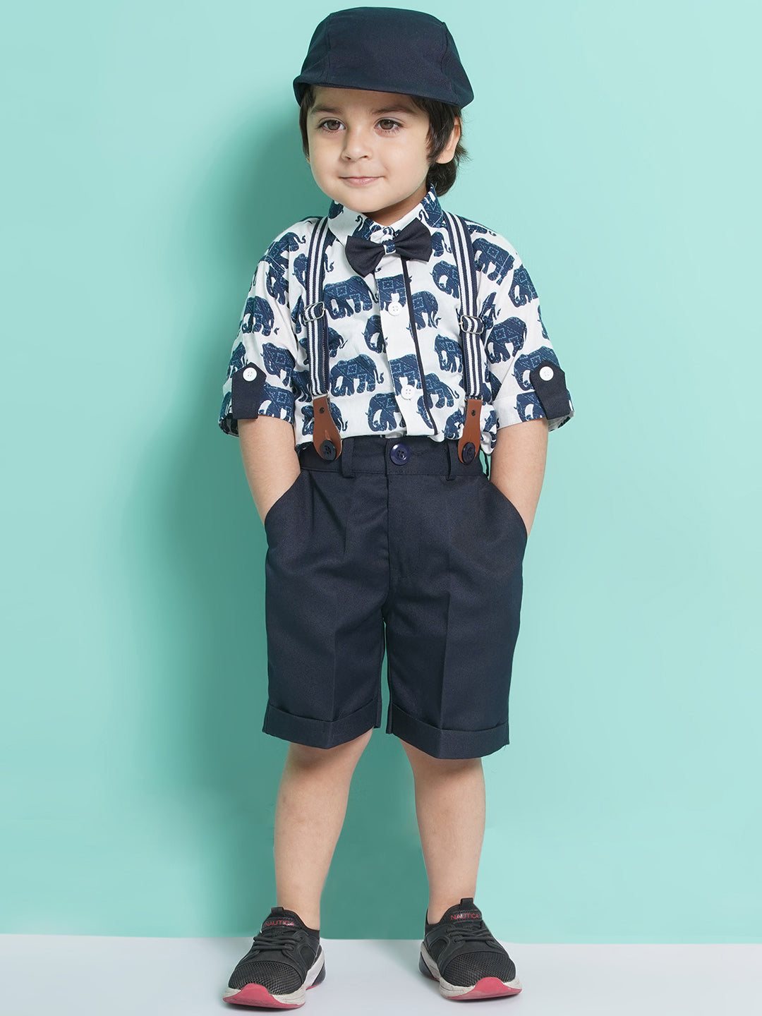 Boys Navy Blue Animal Print Cotton Blend T-shirt with Cap, Bow & Suspender - AJ Dezines