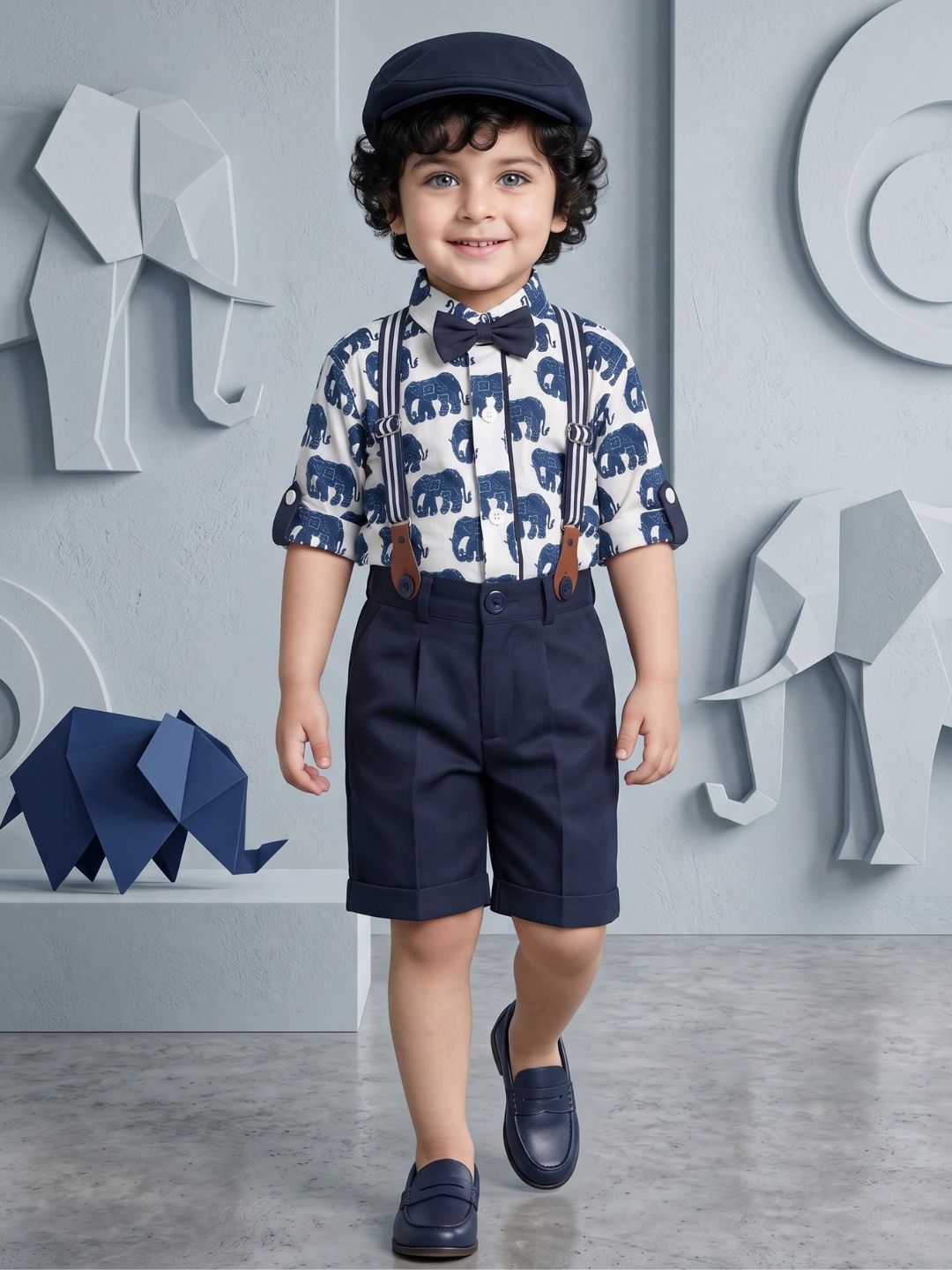 Boys Navy Blue Animal Print Cotton Blend T-shirt with Cap, Bow & Suspender
