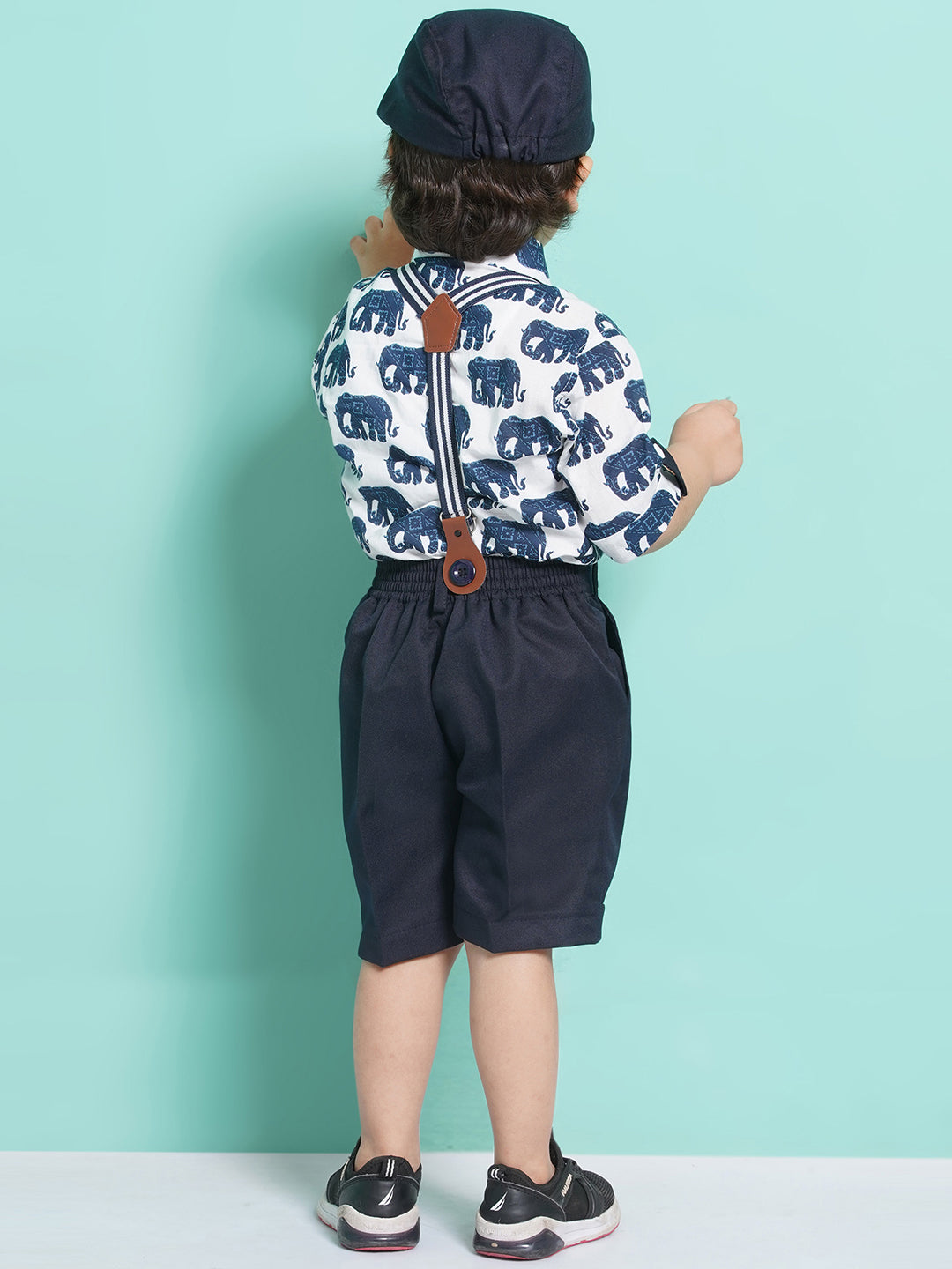 Boys Navy Blue Animal Print Cotton Blend T-shirt with Cap, Bow & Suspender - AJ Dezines