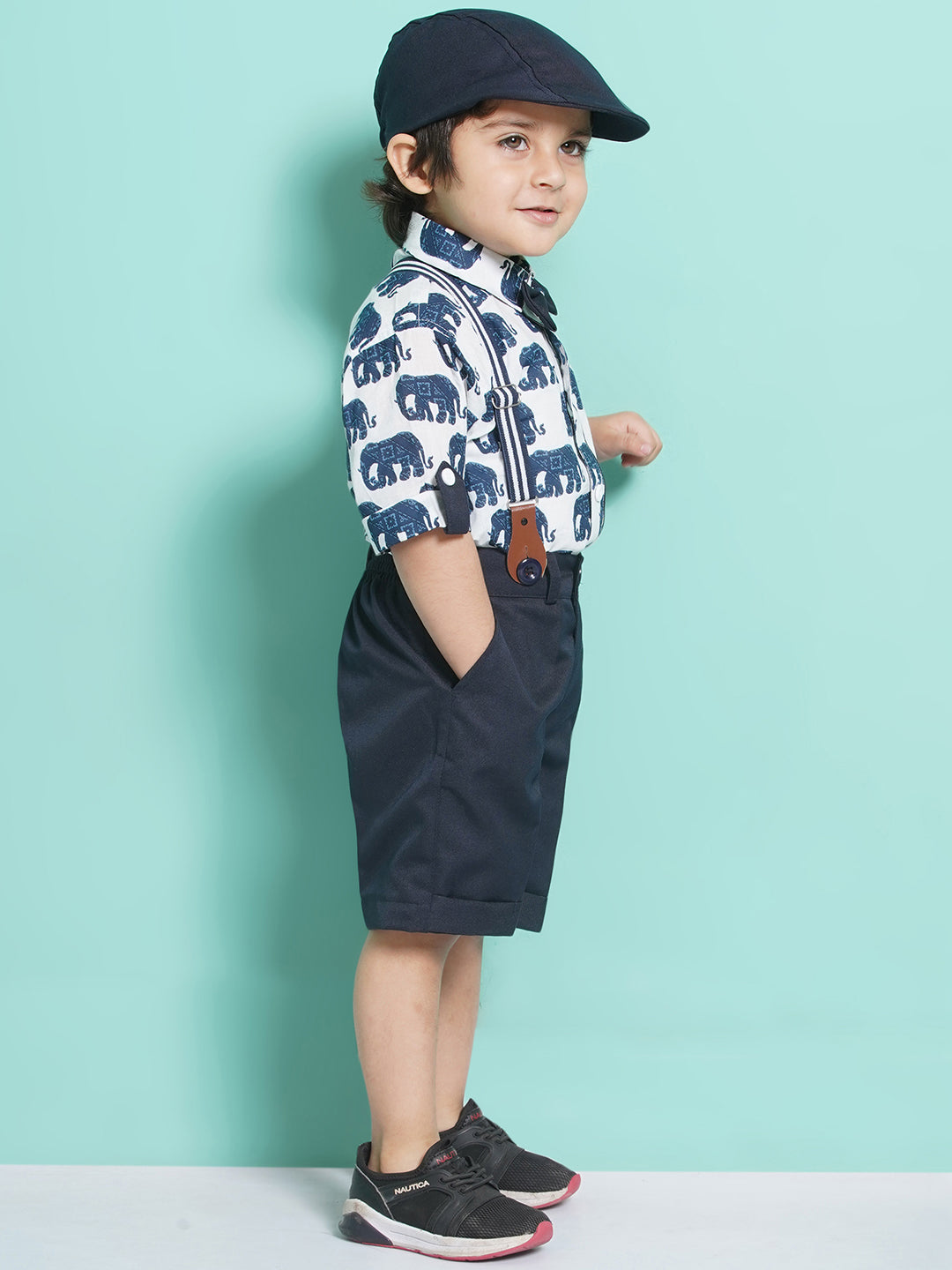 Boys Navy Blue Animal Print Cotton Blend T-shirt with Cap, Bow & Suspender - AJ Dezines