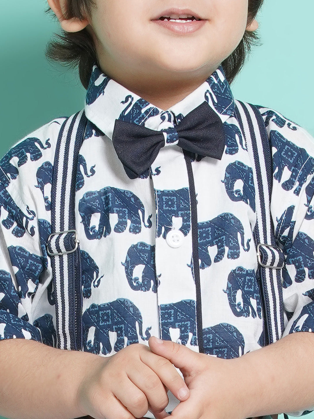 Boys Navy Blue Animal Print Cotton Blend T-shirt with Cap, Bow & Suspender - AJ Dezines