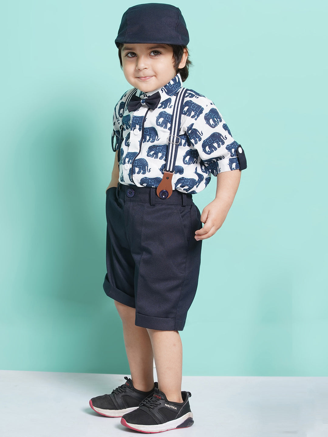 Boys Navy Blue Animal Print Cotton Blend T-shirt with Cap, Bow & Suspender - AJ Dezines