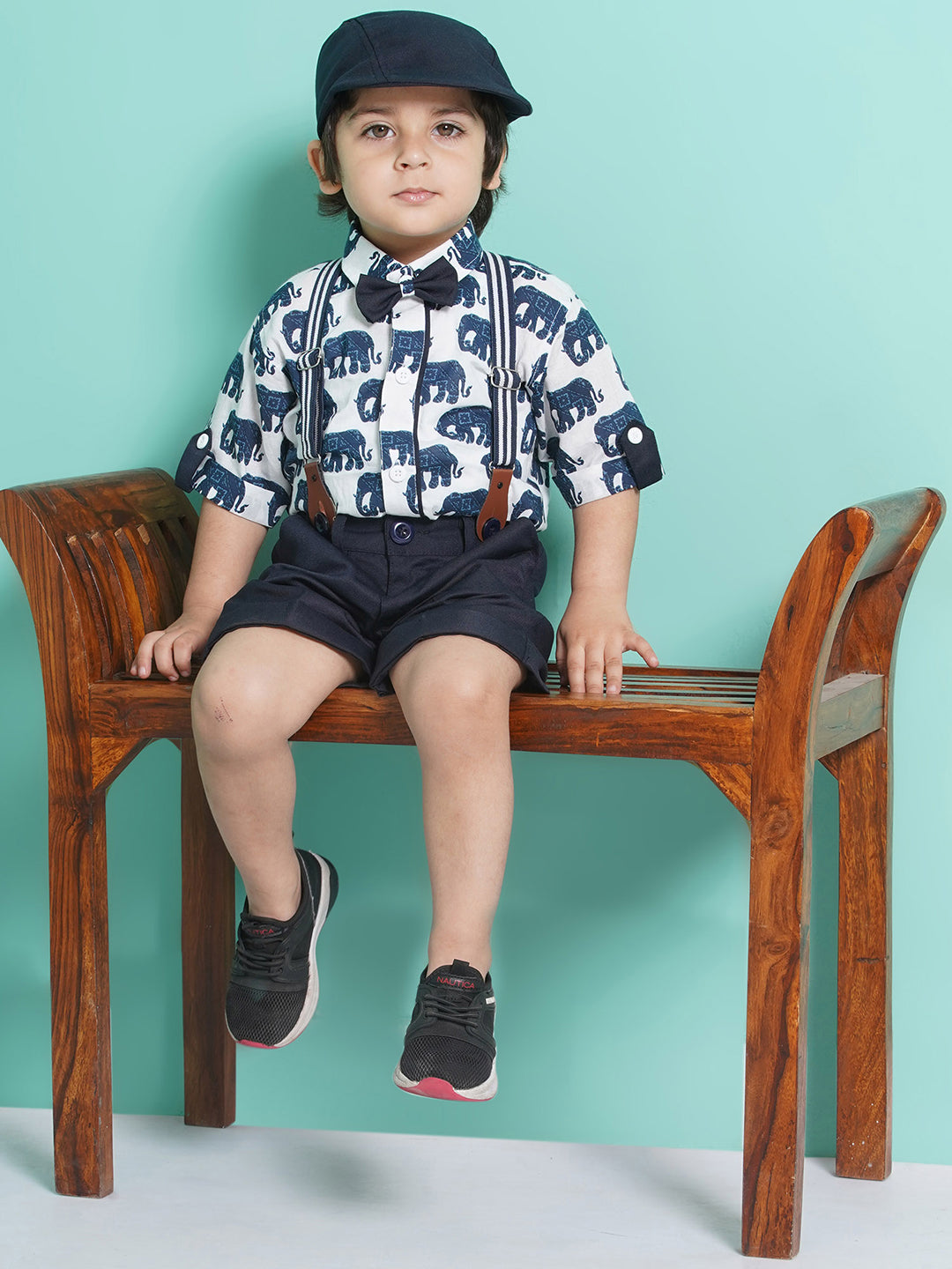 Boys Navy Blue Animal Print Cotton Blend T-shirt with Cap, Bow & Suspender - AJ Dezines