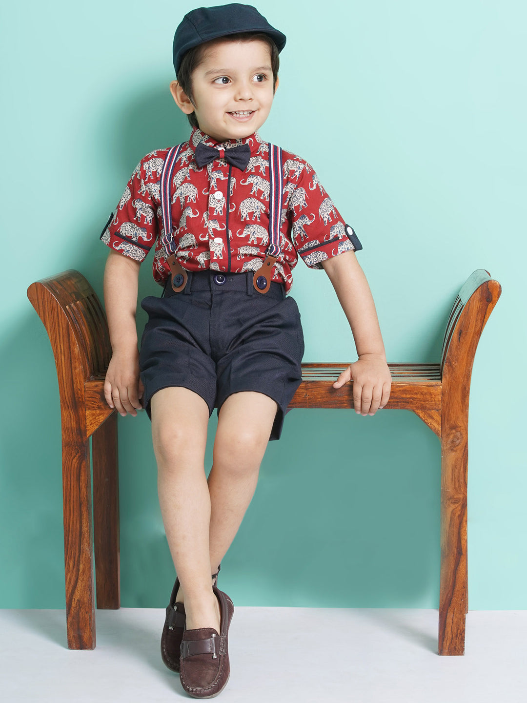 Boys Red Animal Print Cotton Blend Tshirt with Cap, Bow & Suspender - AJ Dezines