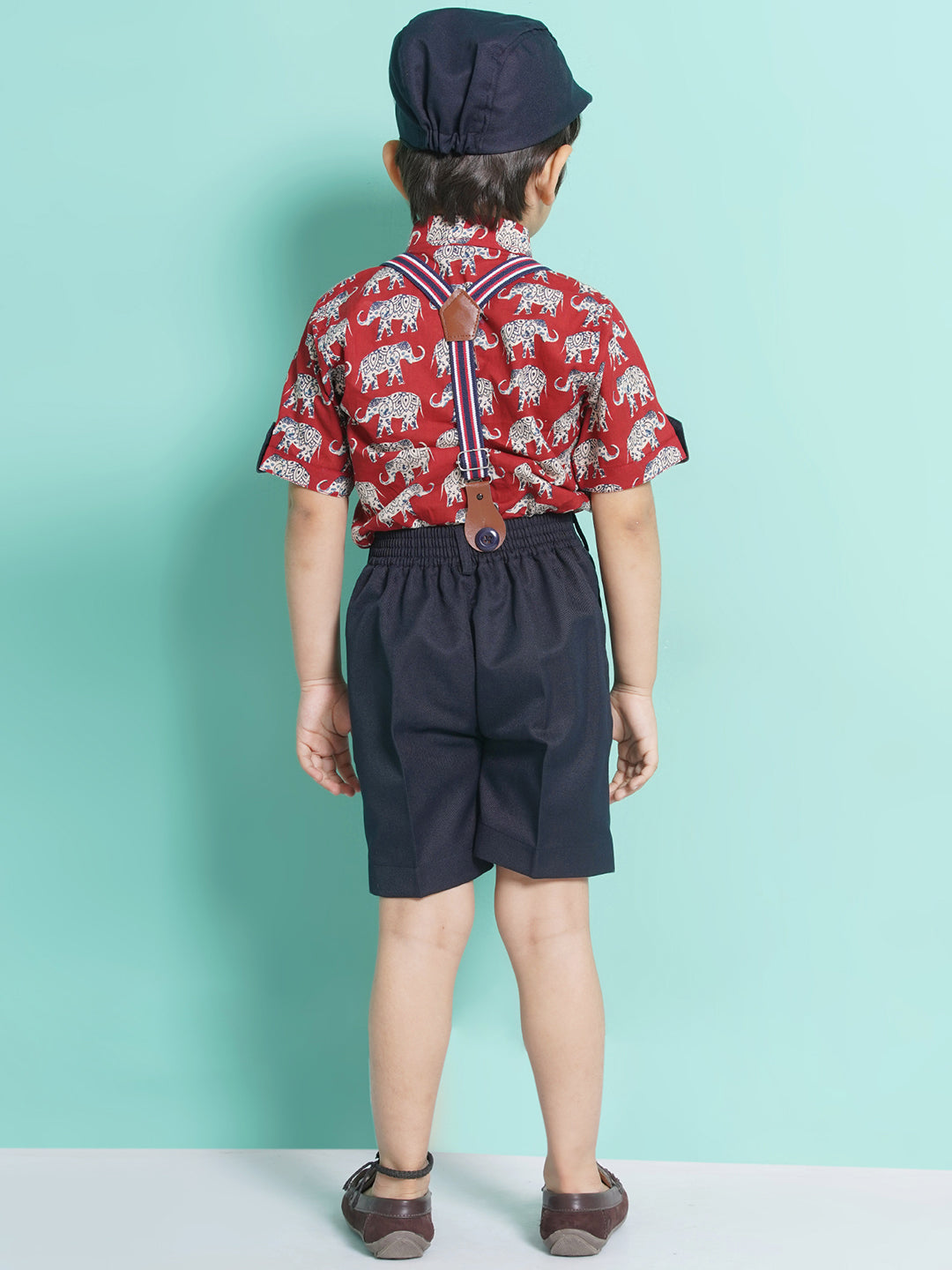 Boys Red Animal Print Cotton Blend Tshirt with Cap, Bow & Suspender - AJ Dezines
