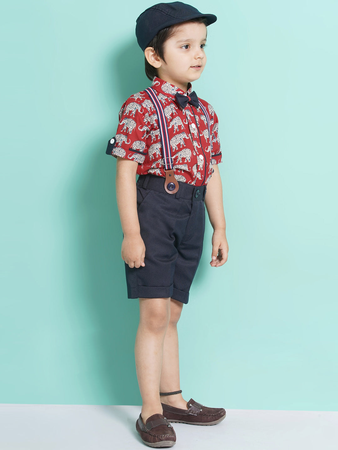 Boys Red Animal Print Cotton Blend Tshirt with Cap, Bow & Suspender - AJ Dezines