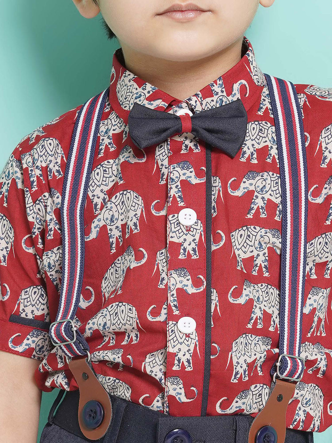Boys Red Animal Print Cotton Blend Tshirt with Cap, Bow & Suspender - AJ Dezines
