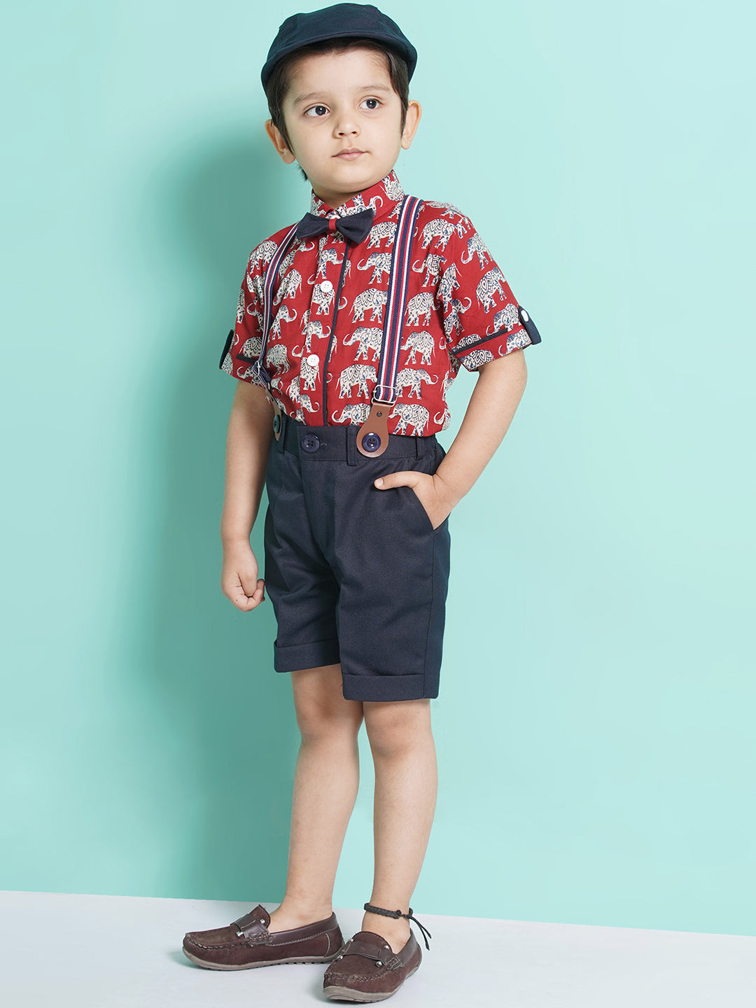 Boys Red Animal Print Cotton Blend Tshirt with Cap, Bow & Suspender - AJ Dezines