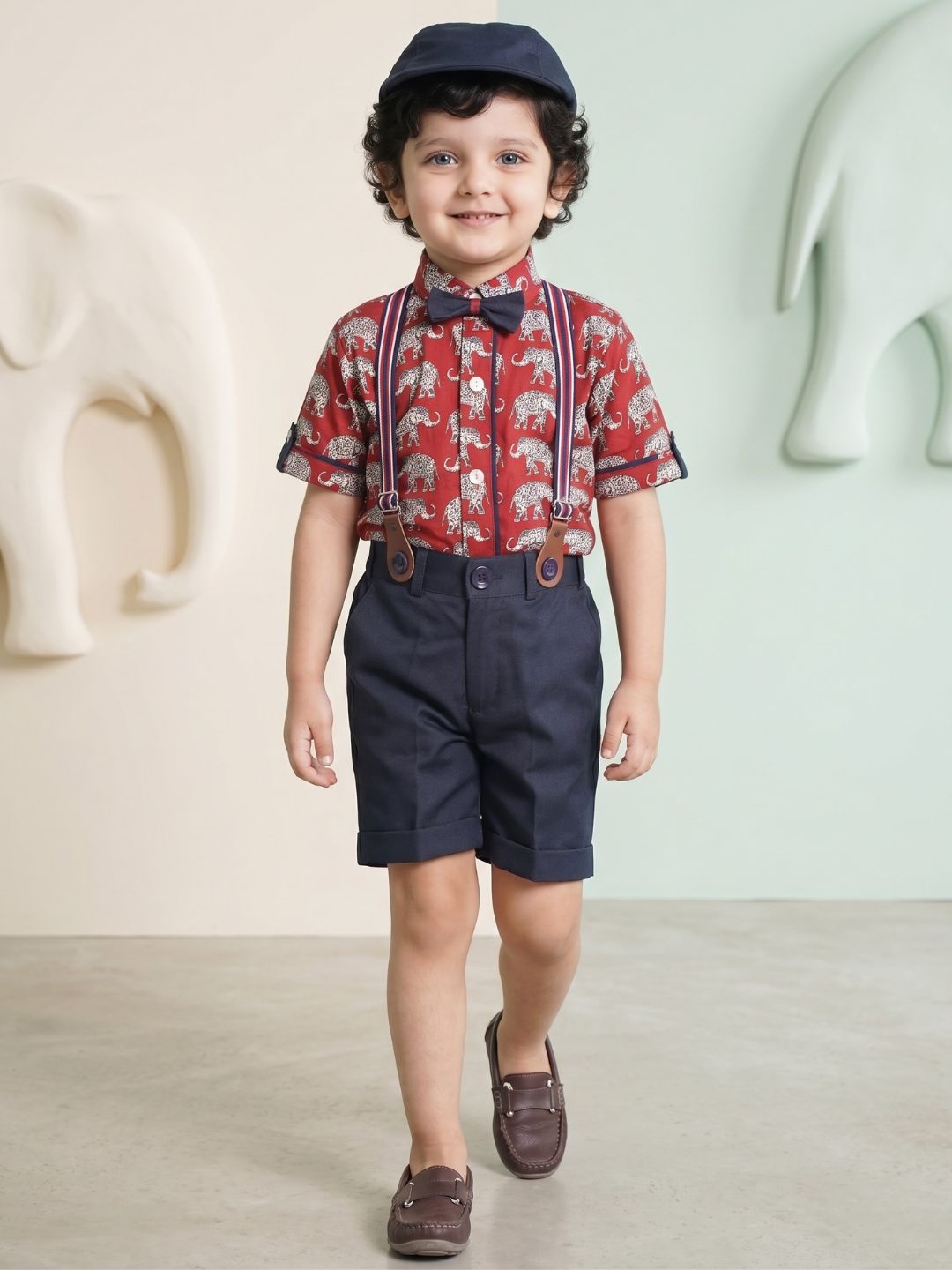Boys Red Animal Print Cotton Blend Tshirt with Cap, Bow & Suspender
