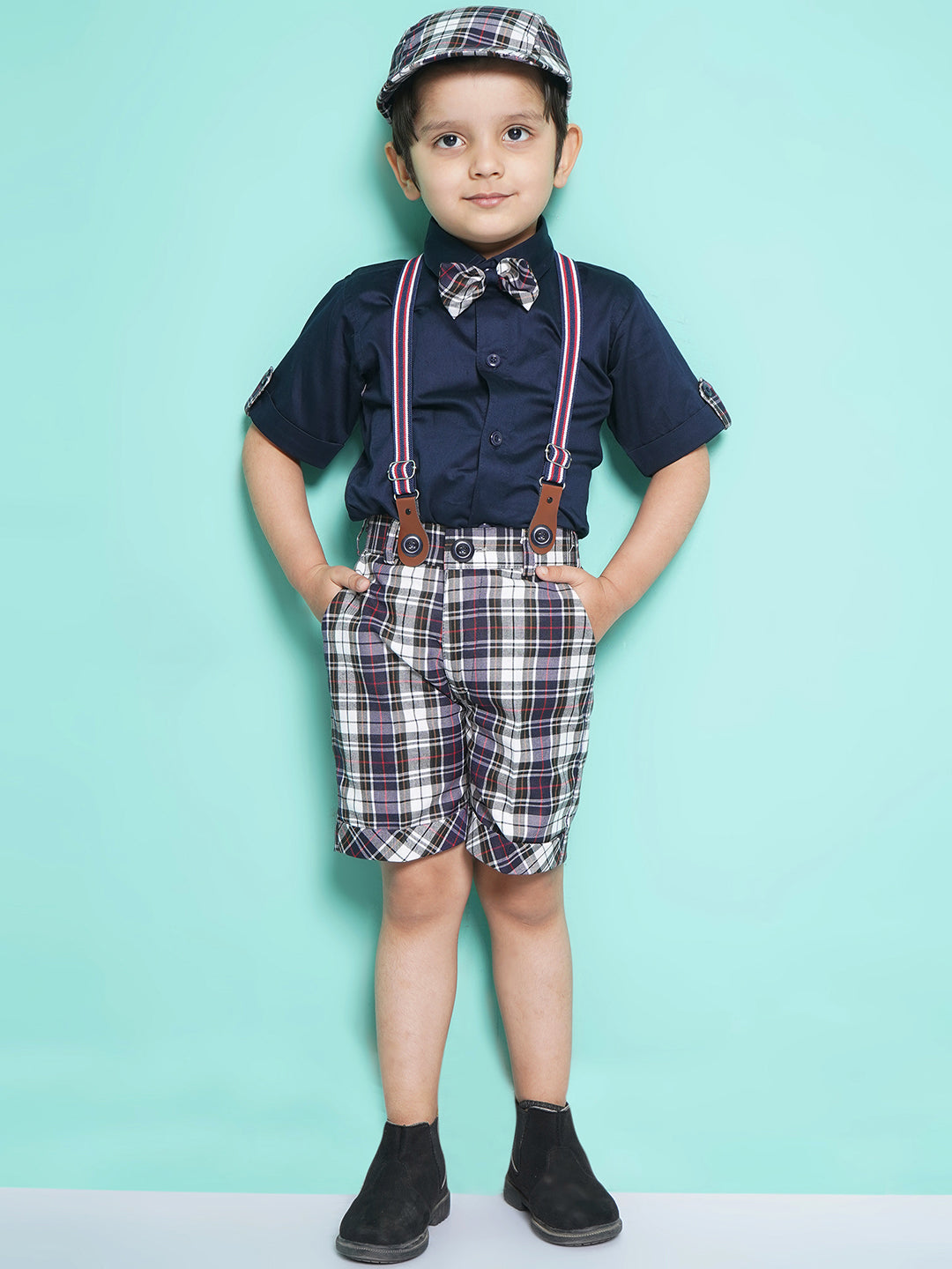 Kids Boys Navy Blue Solid Cotton Blend Dungaree - AJ Dezines
