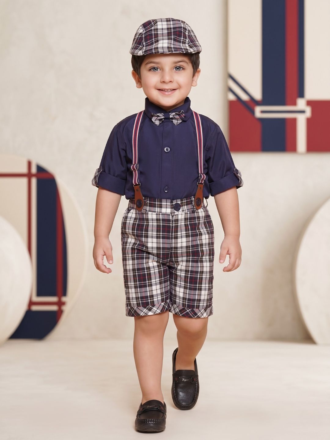 Kids Boys Navy Blue Solid Cotton Blend Dungaree