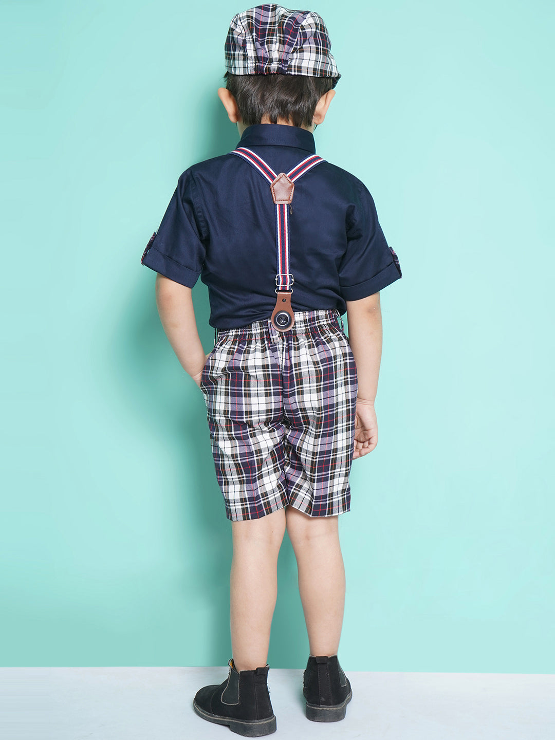 Kids Boys Navy Blue Solid Cotton Blend Dungaree - AJ Dezines