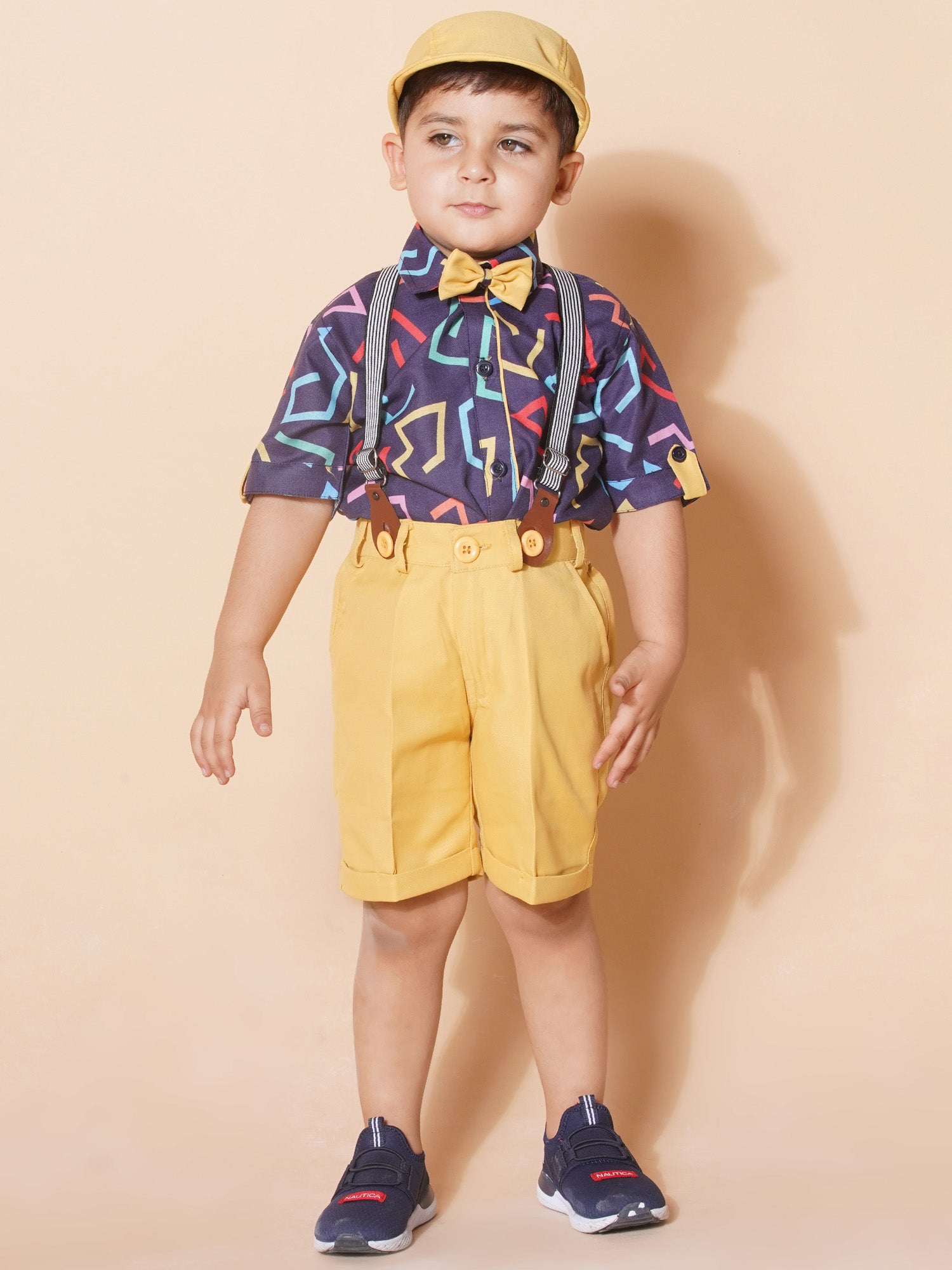 Kids Boys Mustard Geometric Print Pure Cotton Dungaree - AJ Dezines