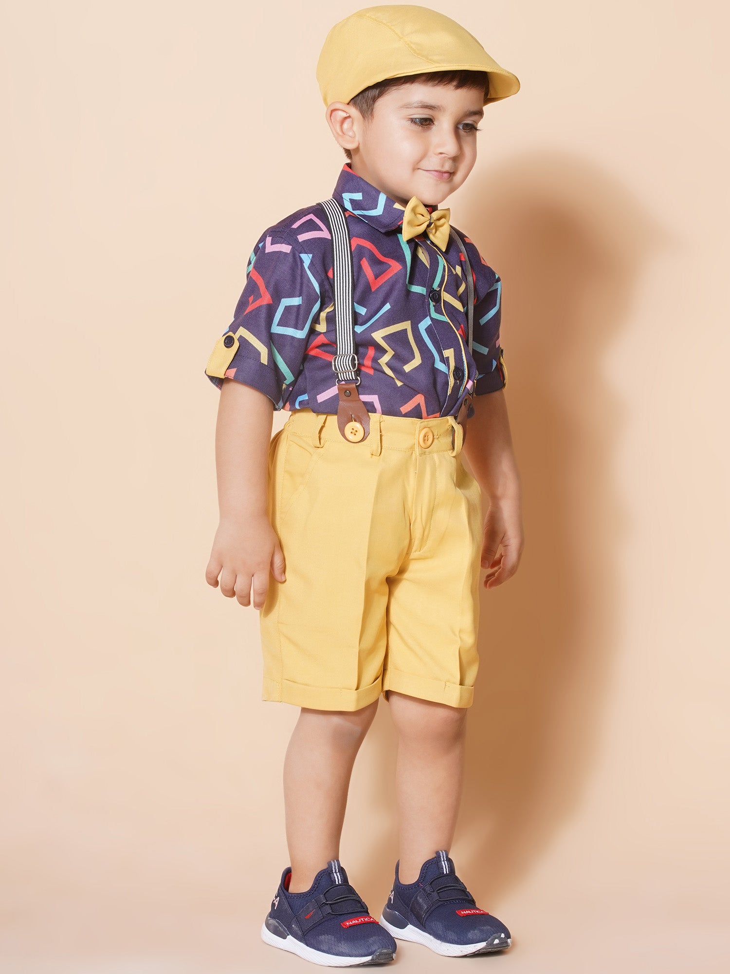 Kids Boys Mustard Geometric Print Pure Cotton Dungaree - AJ Dezines