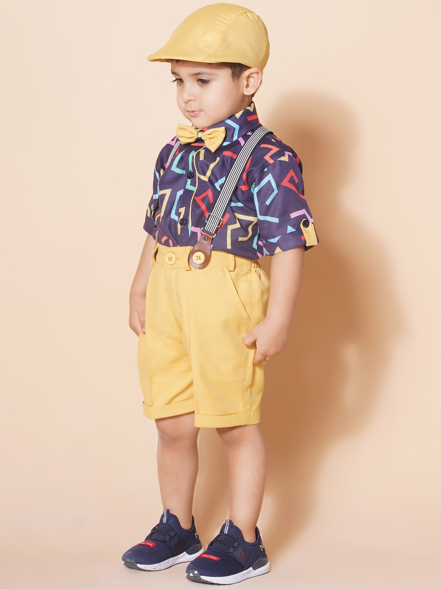 Kids Boys Mustard Geometric Print Pure Cotton Dungaree - AJ Dezines