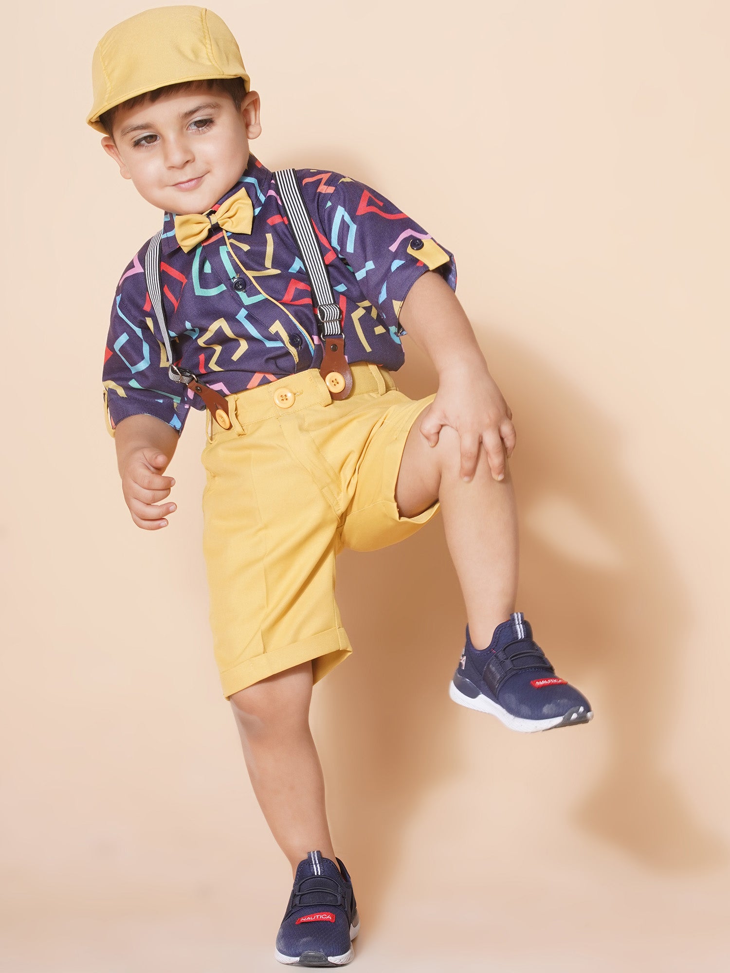 Kids Boys Mustard Geometric Print Pure Cotton Dungaree - AJ Dezines