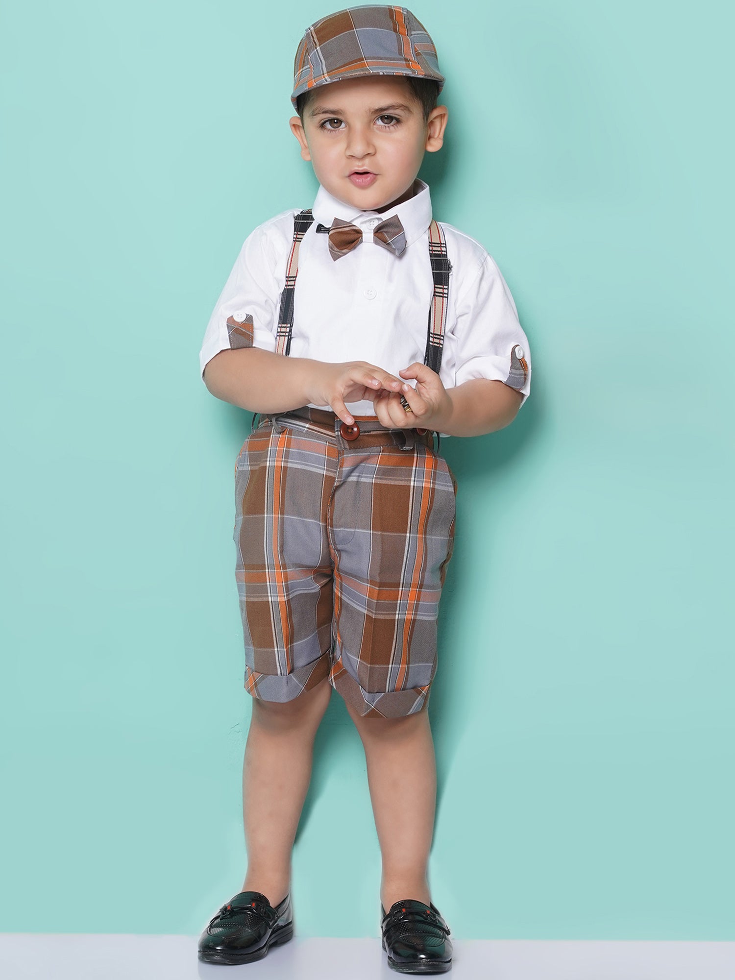 Kids Boys Brown Solid Pure Cotton Dungaree - AJ Dezines