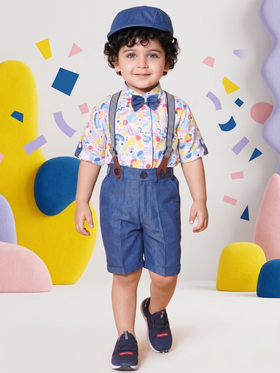 Kids Boys Blue Block Print Pure Cotton Dungaree
