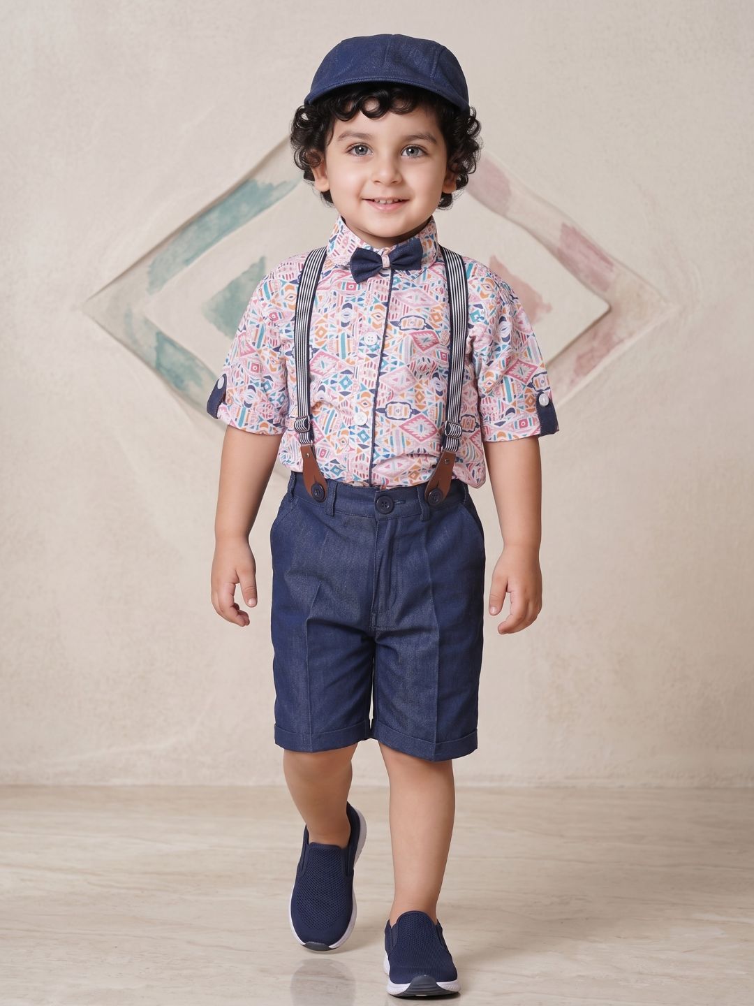 Kids Boys Pink Block Print Pure Cotton Dungaree
