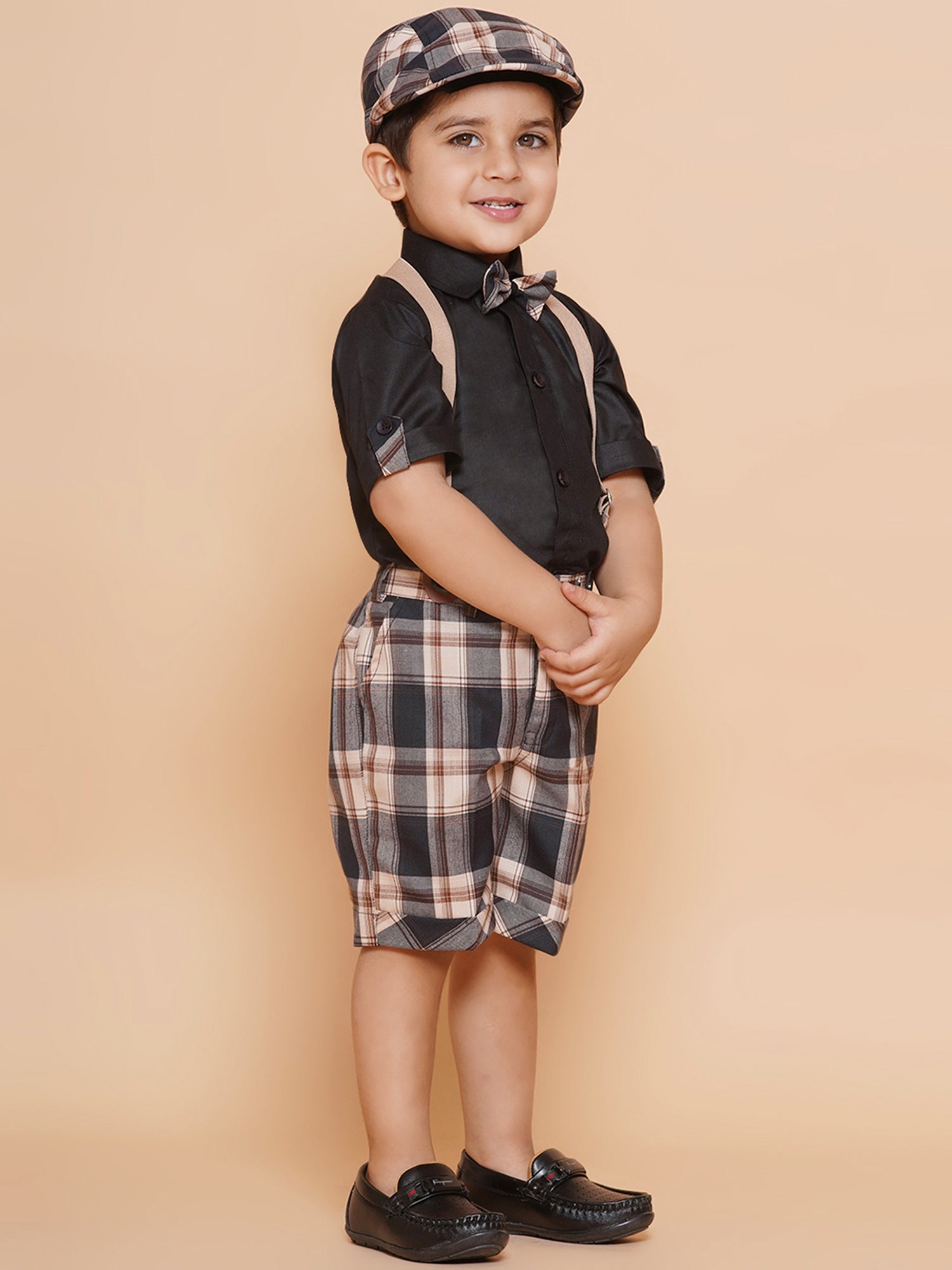Kids Boys Beige Solid Cotton Dungaree - AJ Dezines