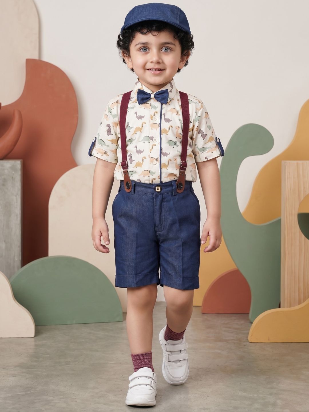 Kids Boys Green Printed Cotton Dungaree