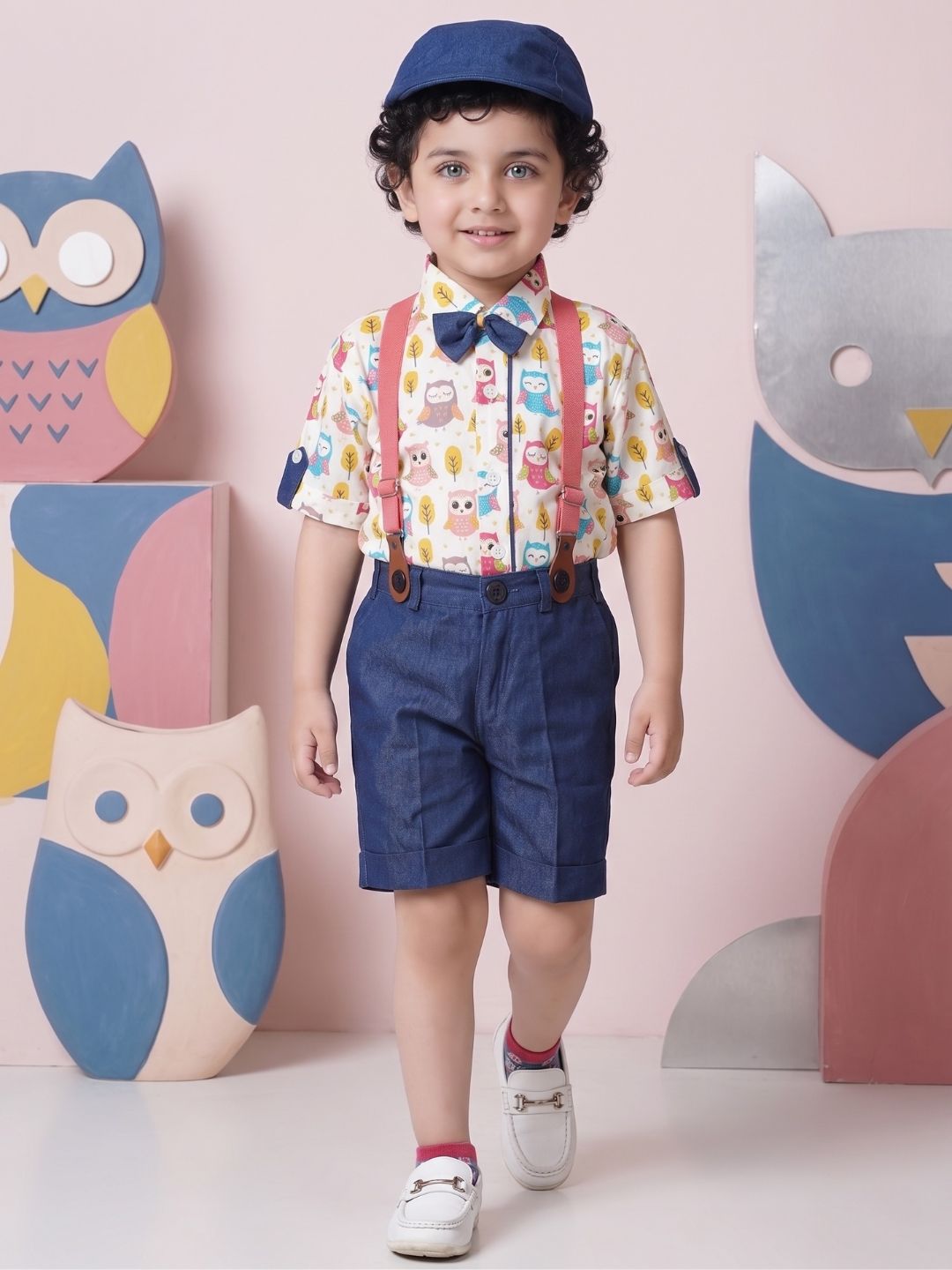 Kids Boys Pink Printed Cotton Dungaree