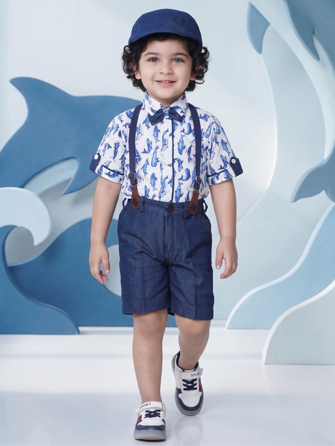 Kids Boys White Printed Cotton Dungaree
