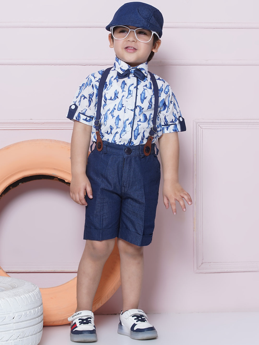 Kids Boys White Printed Cotton Dungaree - AJ Dezines
