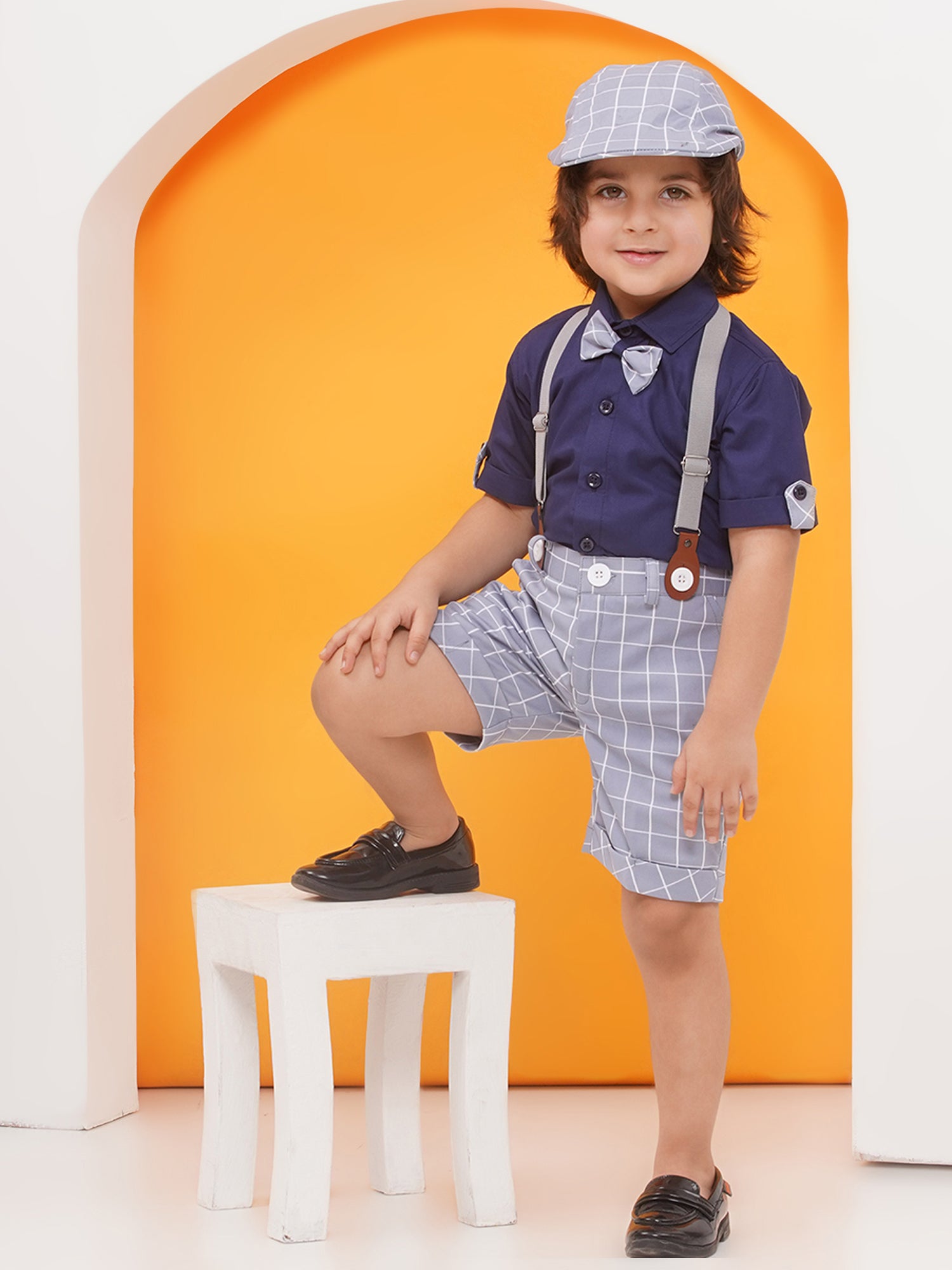 Grey Cotton Blend Dungaree with Suspenders and Cap for Boys - AJ Dezines