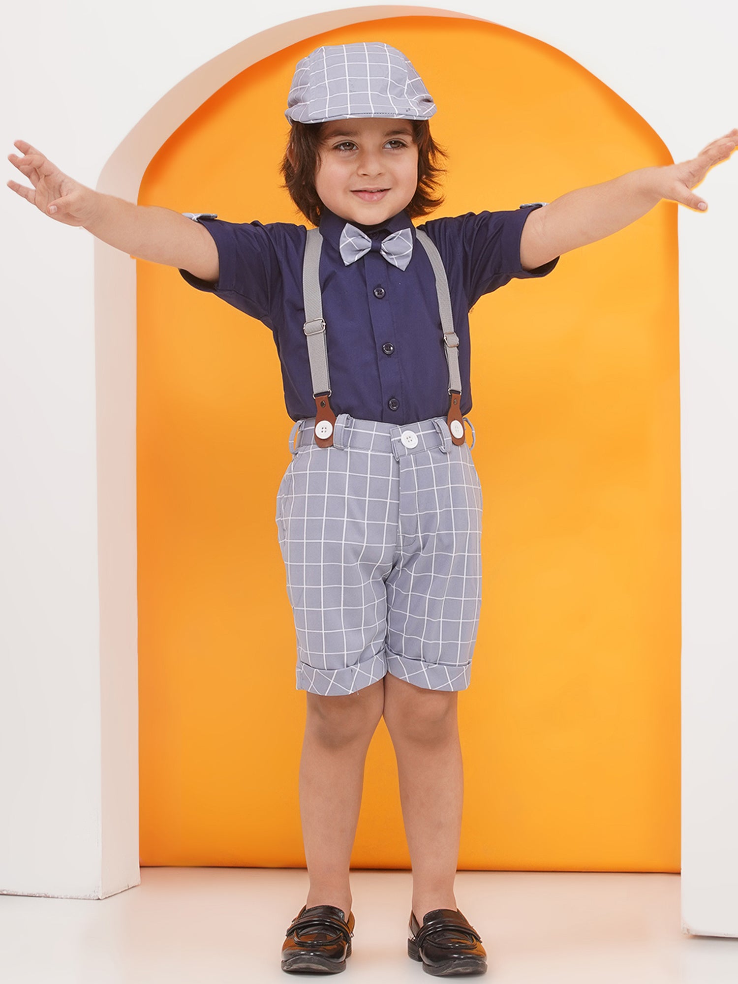 Grey Cotton Blend Dungaree with Suspenders and Cap for Boys - AJ Dezines