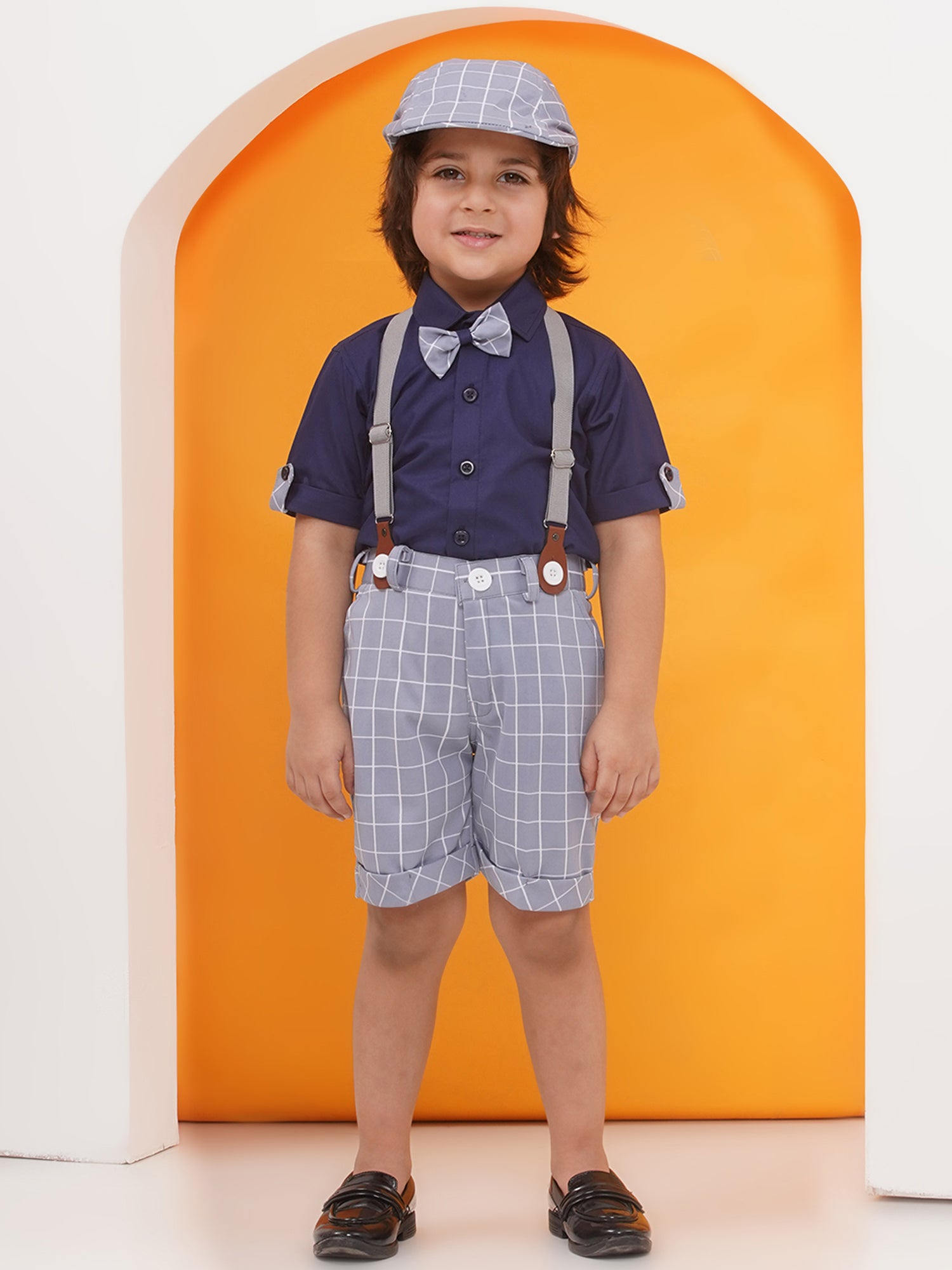 Grey Cotton Blend Dungaree with Suspenders and Cap for Boys - AJ Dezines