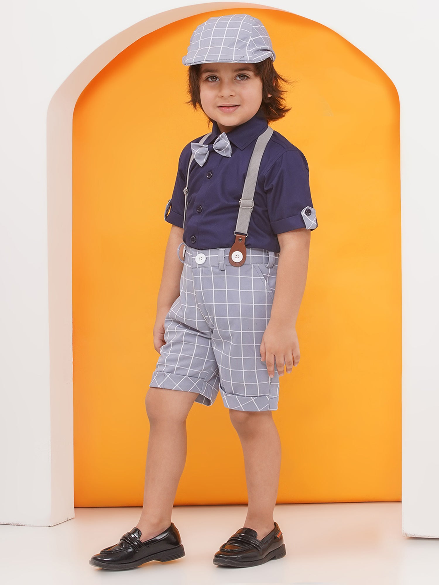 Grey Cotton Blend Dungaree with Suspenders and Cap for Boys - AJ Dezines