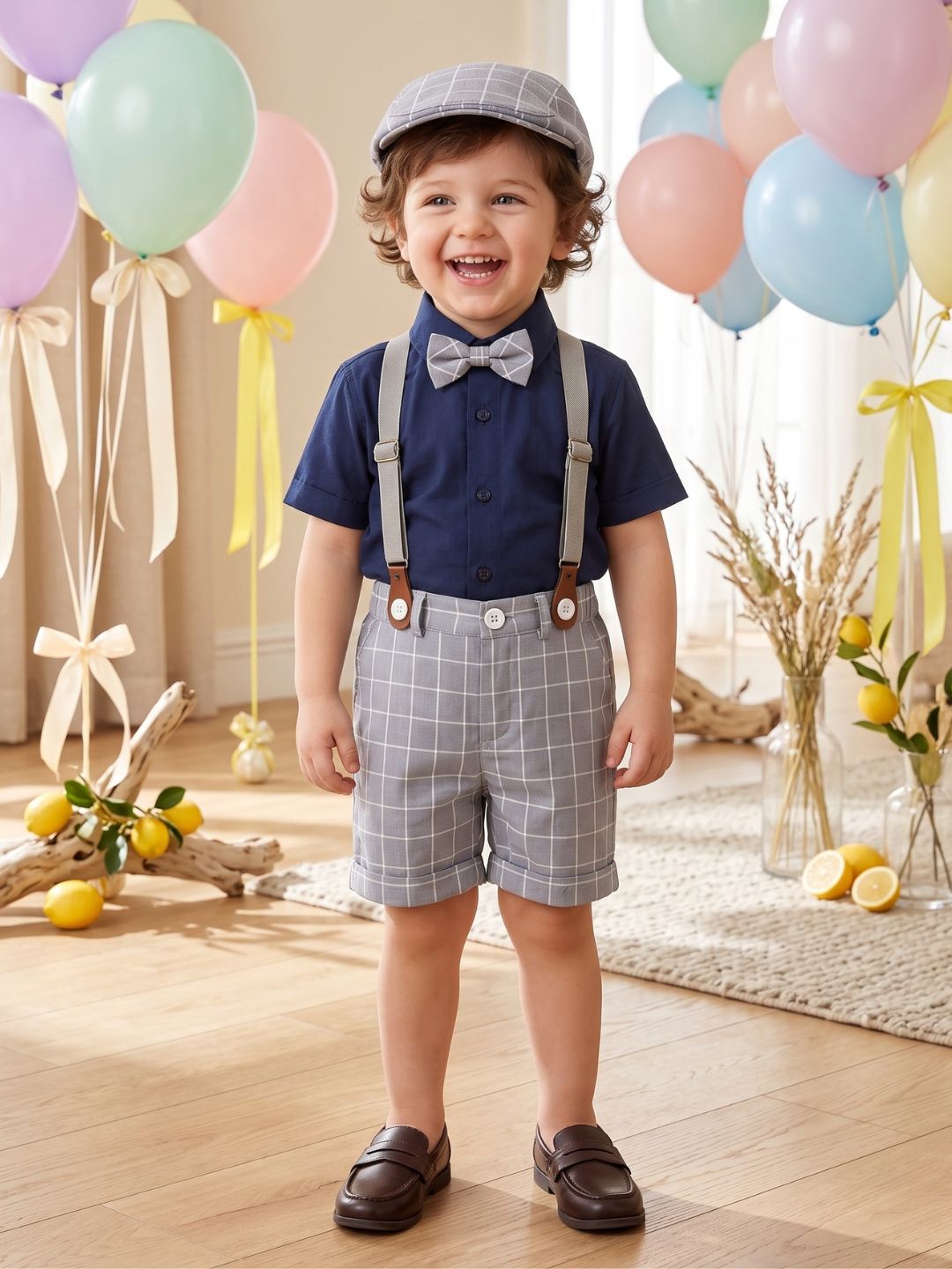 Grey Cotton Blend Dungaree with Suspenders and Cap for Boys
