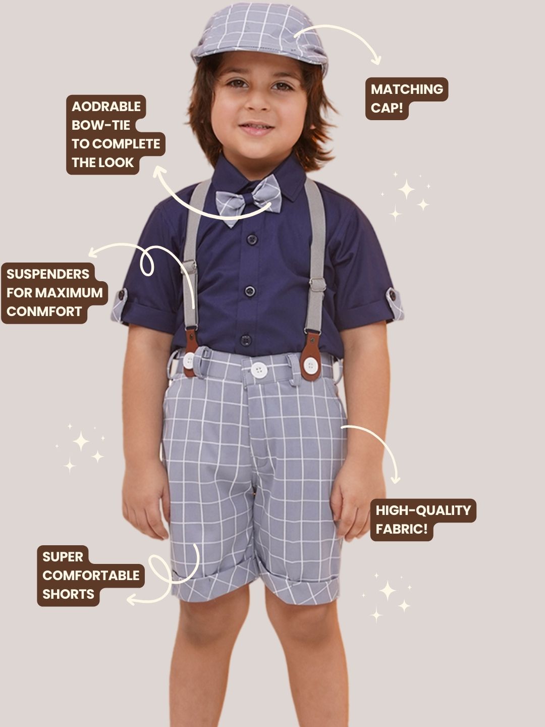 Grey Cotton Blend Dungaree with Suspenders and Cap for Boys - AJ Dezines