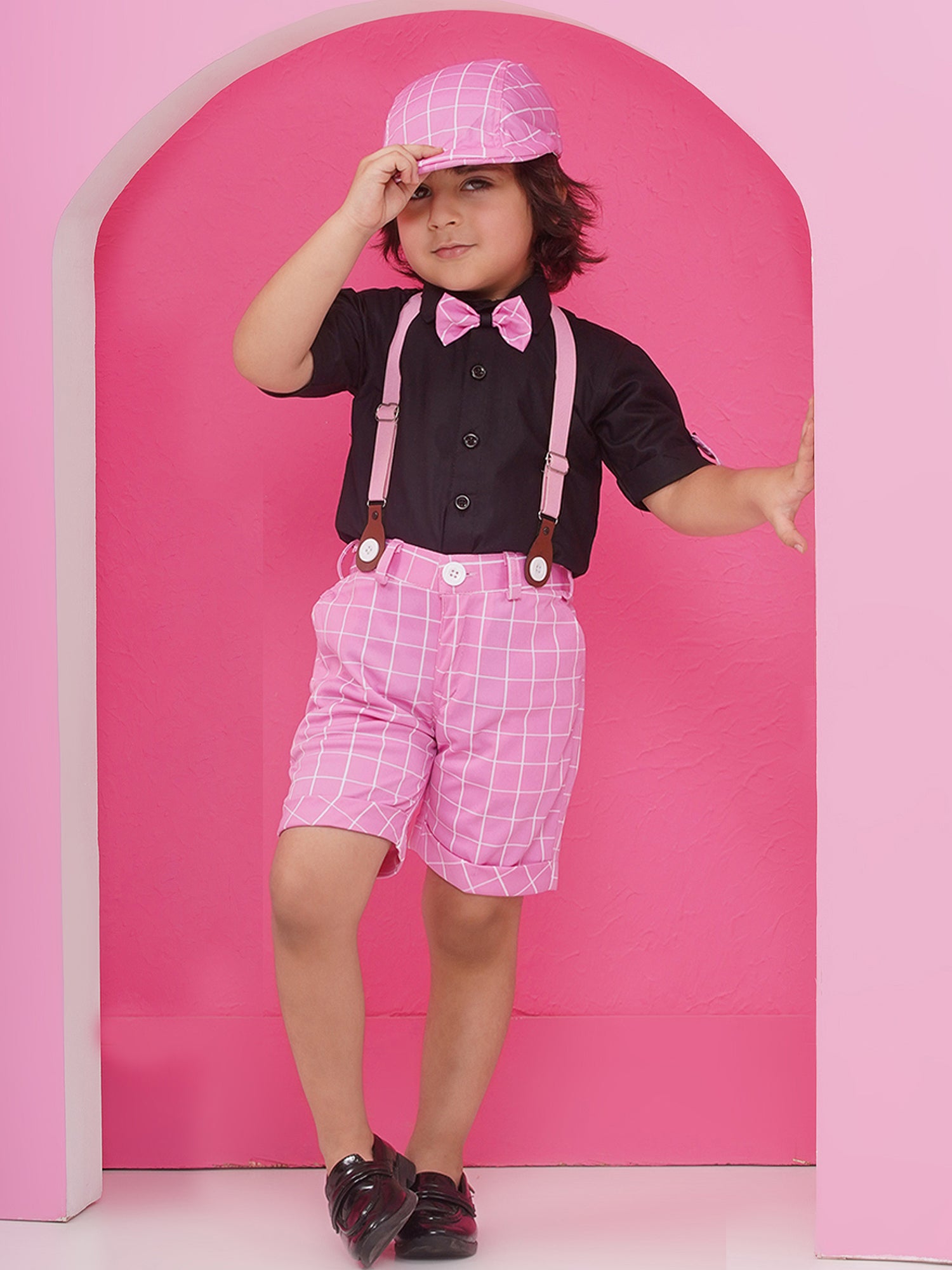 Pink Cotton Blend Dungaree with Suspenders and Cap for Boys - AJ Dezines
