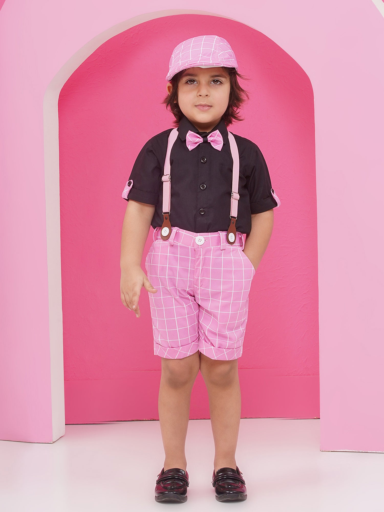 Pink Cotton Blend Dungaree with Suspenders and Cap for Boys - AJ Dezines