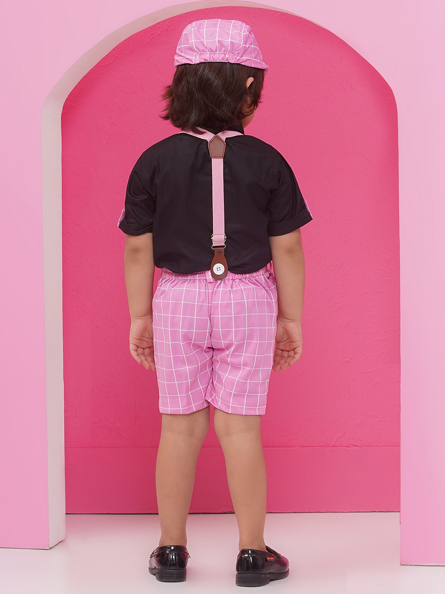 Pink Cotton Blend Dungaree with Suspenders and Cap for Boys - AJ Dezines
