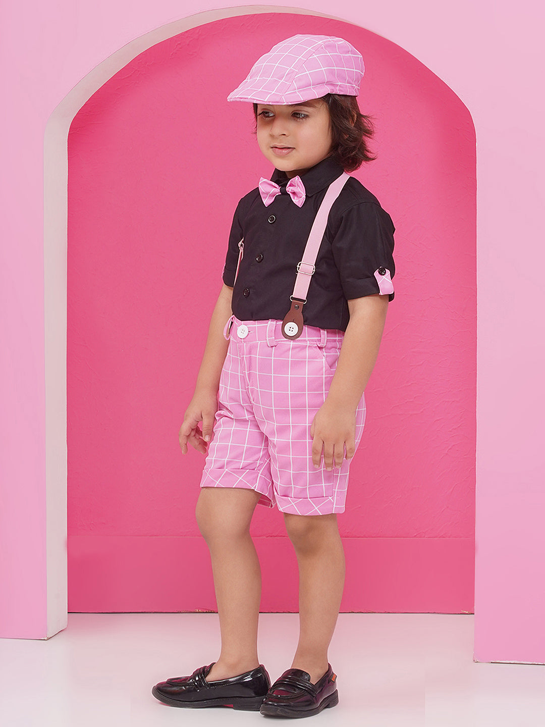 Pink Cotton Blend Dungaree with Suspenders and Cap for Boys