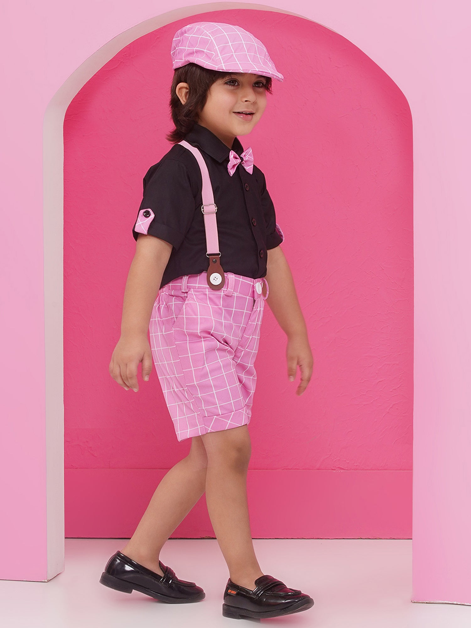Pink Cotton Blend Dungaree with Suspenders and Cap for Boys