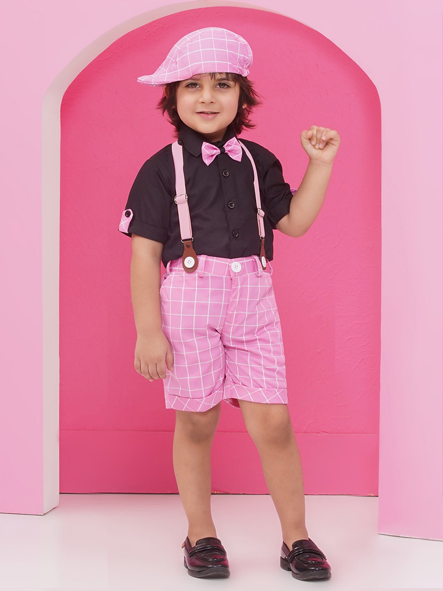 Pink Cotton Blend Dungaree with Suspenders and Cap for Boys