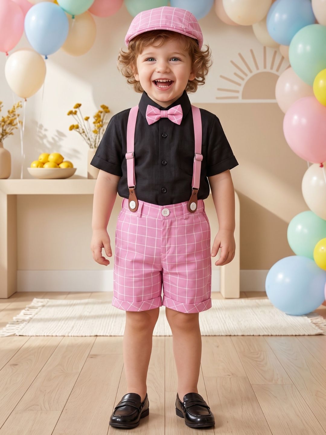 Pink Cotton Blend Dungaree with Suspenders and Cap for Boys